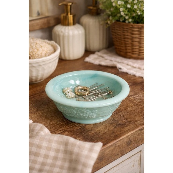 Other - Vintage 70's Avon Aqua Milk Glass Vanity Bowl Floral Trinket Tray Jewelry Dish